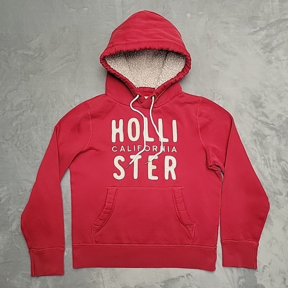 Hollister Hoodie Women S Red Deep Pile Sherpa Lined Hood Pullover Cozy Y2K Retro